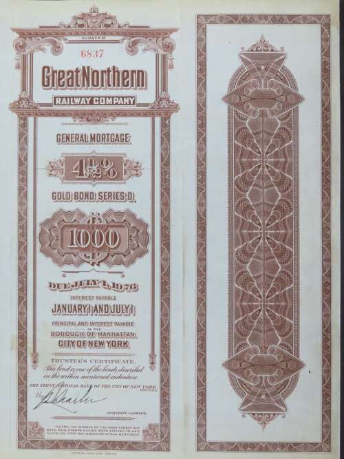 1926 Great Northern Railway Company, $1000 Gold Bond Certificate 6837