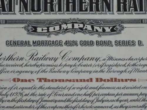 1926 Great Northern Railway Company, $1000 Gold Bond Certificate 6836