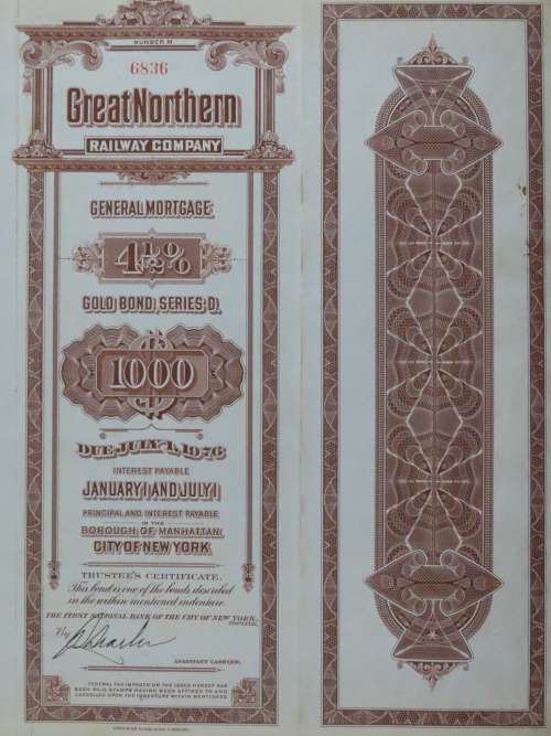 1926 Great Northern Railway Company, $1000 Gold Bond Certificate 6836