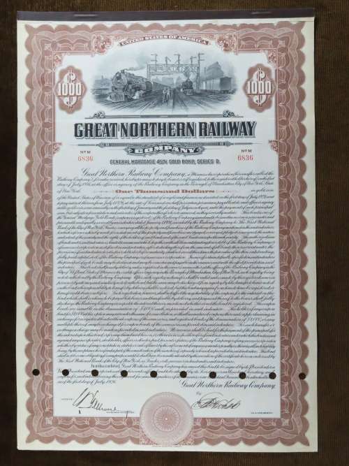 1926 Great Northern Railway Company, $1000 Gold Bond Certificate 6836