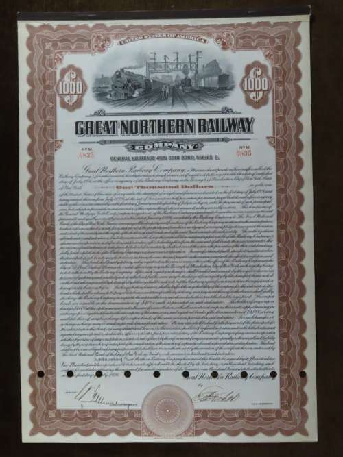 1926 Great Northern Railway Company, $1000 Gold Bond Certificate 6835