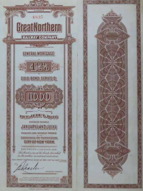1926 Great Northern Railway Company, $1000 Gold Bond Certificate 6835