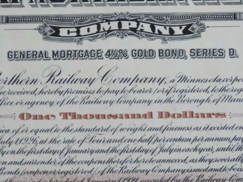 1926 Great Northern Railway Company, $1000 Gold Bond Certificate 6835