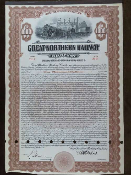 1926 Great Northern Railway Company, $1000 Gold Bond Certificate 2014