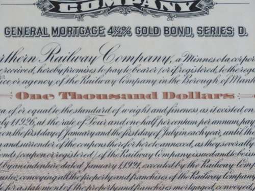 1926 Great Northern Railway Company, $1000 Gold Bond Certificate 2014