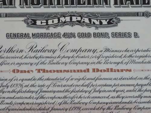 1926 Great Northern Railway Company, $1000 Gold Bond Certificate 4095