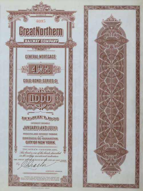1926 Great Northern Railway Company, $1000 Gold Bond Certificate 4095