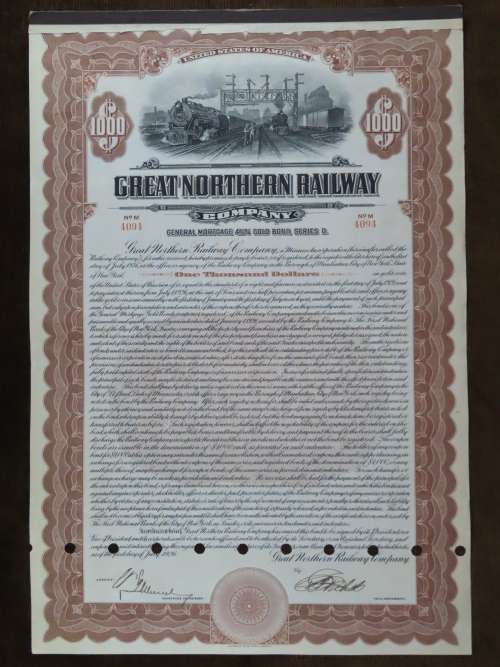 1926 Great Northern Railway Company, $1000 Gold Bond Certificate 4094