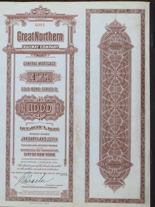1926 Great Northern Railway Company, $1000 Gold Bond Certificate 4094