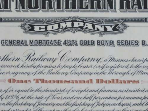 1926 Great Northern Railway Company, $1000 Gold Bond Certificate 4094