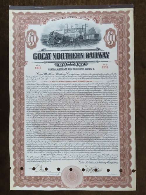 1926 Great Northern Railway Company, $1000 Gold Bond Certificate 1331