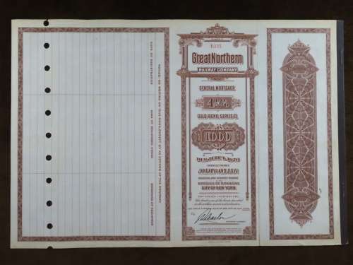 1926 Great Northern Railway Company, $1000 Gold Bond Certificate 1331
