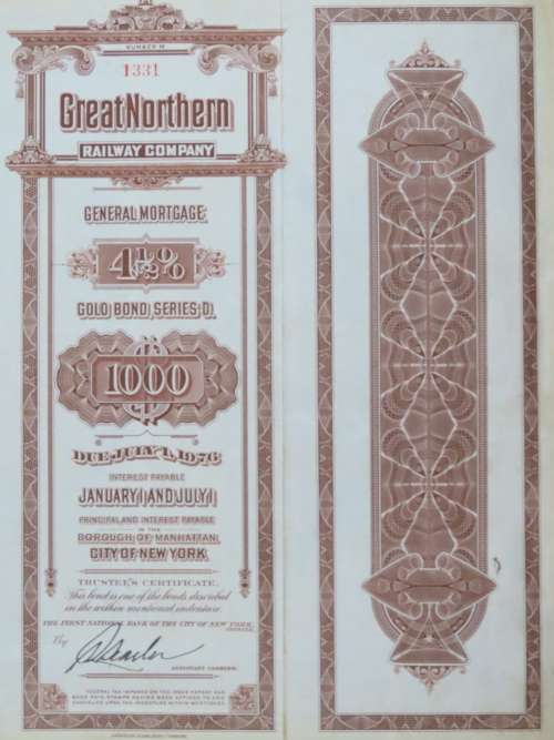 1926 Great Northern Railway Company, $1000 Gold Bond Certificate 1331