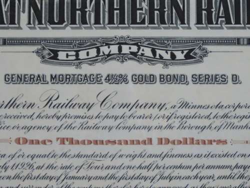 1926 Great Northern Railway Company, $1000 Gold Bond Certificate 1331