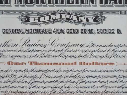 1926 Great Northern Railway Company, $1000 Gold Bond Certificate 7626
