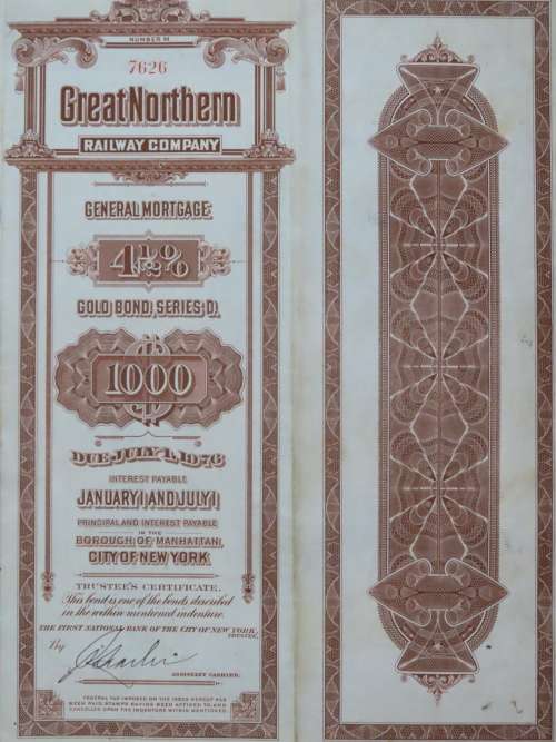 1926 Great Northern Railway Company, $1000 Gold Bond Certificate 7626