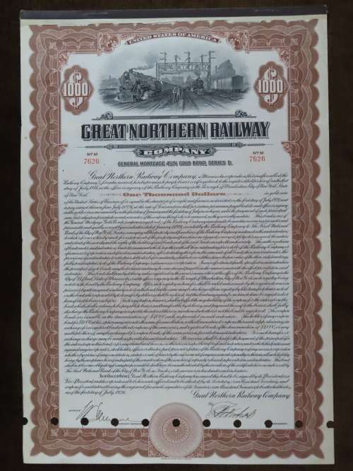 1926 Great Northern Railway Company, $1000 Gold Bond Certificate 7626