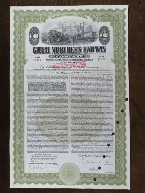 1945 Great Northern Railway Company, $1000 Gold Bond Certificate 17691
