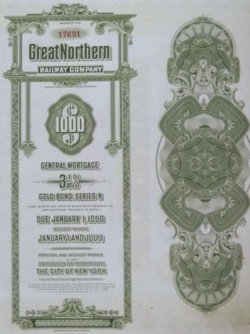 1945 Great Northern Railway Company, $1000 Gold Bond Certificate 17691