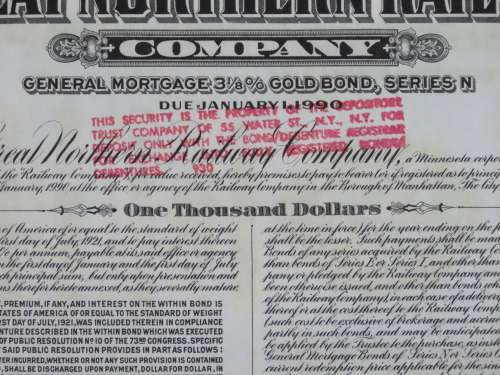 1945 Great Northern Railway Company, $1000 Gold Bond Certificate 17691