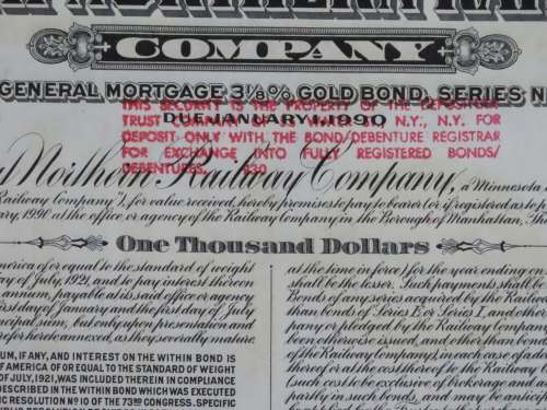 1945 Great Northern Railway Company, $1000 Gold Bond Certificate 22816