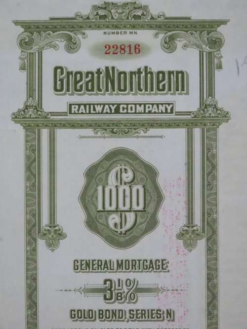 1945 Great Northern Railway Company, $1000 Gold Bond Certificate 22816