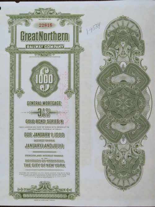 1945 Great Northern Railway Company, $1000 Gold Bond Certificate 22816