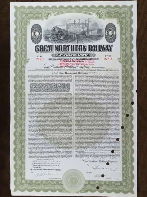 1945 Great Northern Railway Company, $1000 Gold Bond Certificate 22816