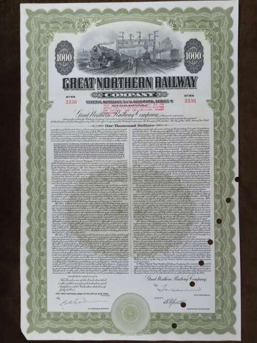 1945 Great Northern Railway Company, $1000 Gold Bond Certificate 3336