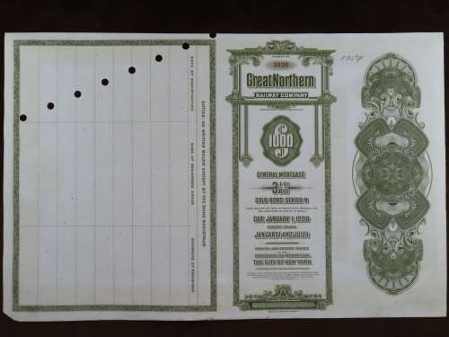 1945 Great Northern Railway Company, $1000 Gold Bond Certificate 3336