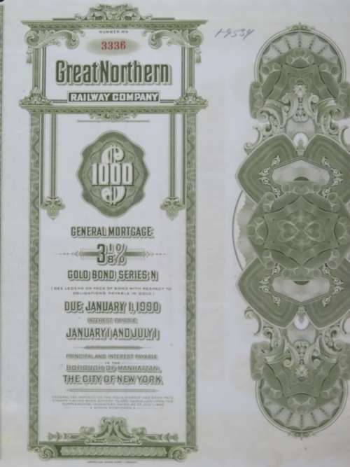 1945 Great Northern Railway Company, $1000 Gold Bond Certificate 3336