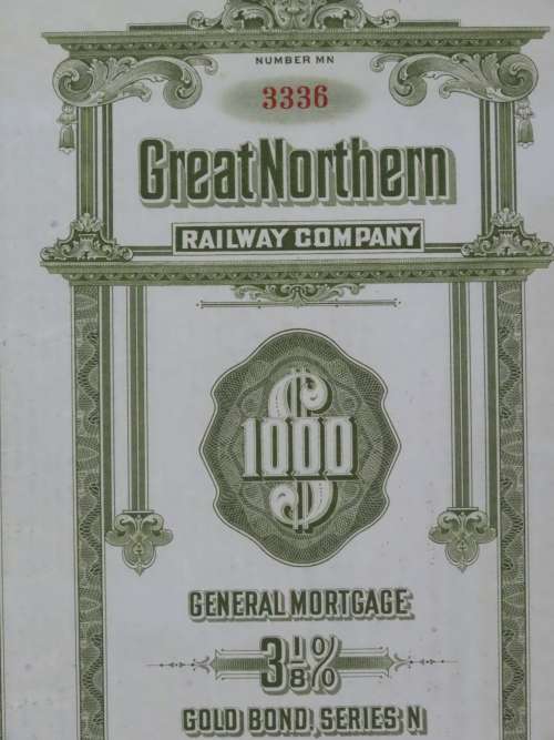 1945 Great Northern Railway Company, $1000 Gold Bond Certificate 3336