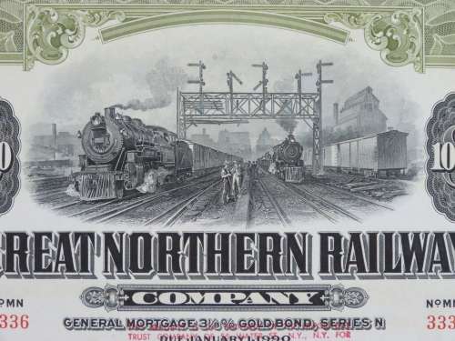 1945 Great Northern Railway Company, $1000 Gold Bond Certificate 3336