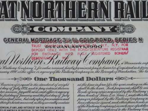 1945 Great Northern Railway Company, $1000 Gold Bond Certificate 3336