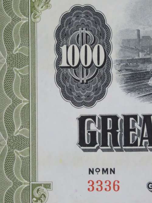 1945 Great Northern Railway Company, $1000 Gold Bond Certificate 3336