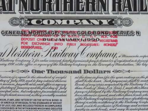 1945 Great Northern Railway Company, $1000 Gold Bond Certificate 23337