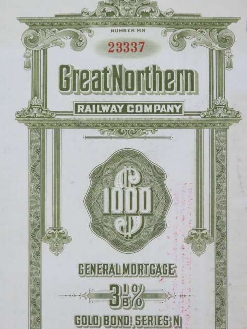 1945 Great Northern Railway Company, $1000 Gold Bond Certificate 23337