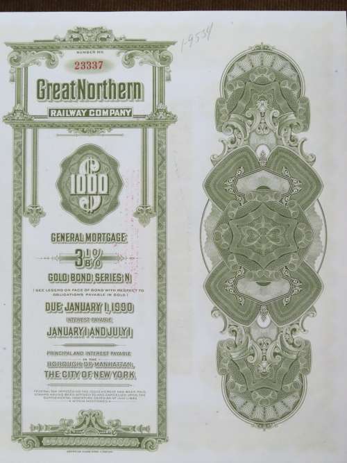 1945 Great Northern Railway Company, $1000 Gold Bond Certificate 23337