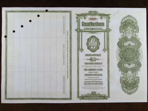 1945 Great Northern Railway Company, $1000 Gold Bond Certificate 23337