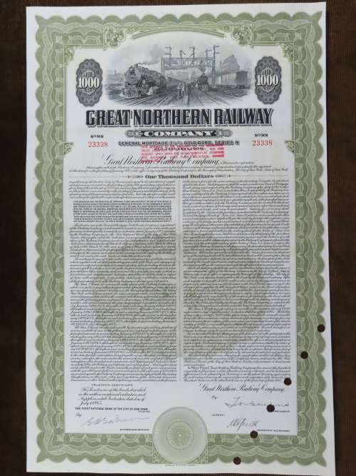 1945 Great Northern Railway Company, $1000 Gold Bond Certificate 23338