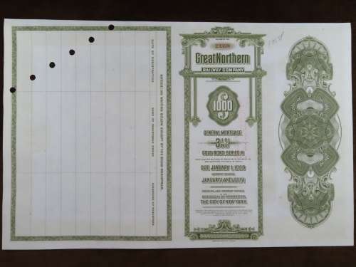 1945 Great Northern Railway Company, $1000 Gold Bond Certificate 23338