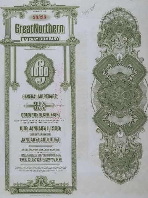 1945 Great Northern Railway Company, $1000 Gold Bond Certificate 23338
