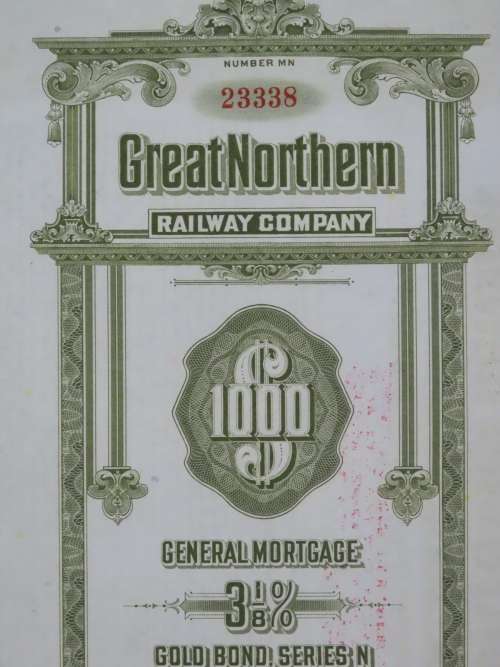 1945 Great Northern Railway Company, $1000 Gold Bond Certificate 23338