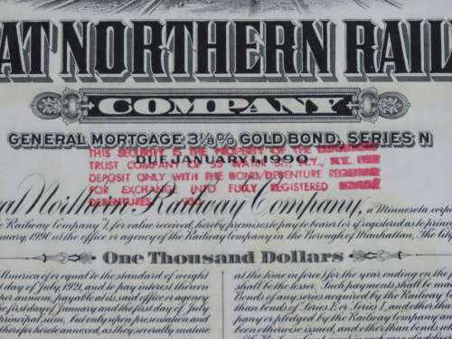 1945 Great Northern Railway Company, $1000 Gold Bond Certificate 23338