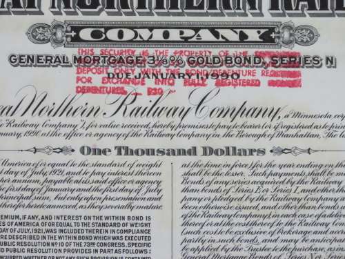 1945 Great Northern Railway Company, $1000 Gold Bond Certificate 23610
