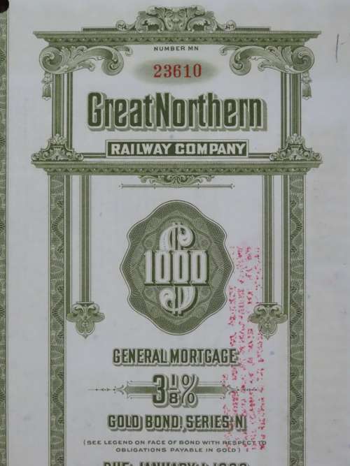 1945 Great Northern Railway Company, $1000 Gold Bond Certificate 23610