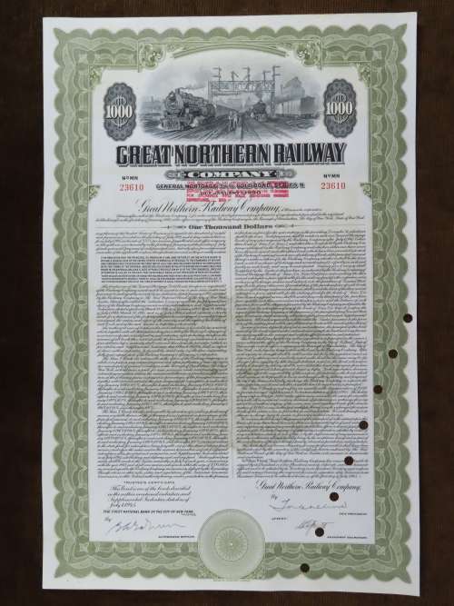 1945 Great Northern Railway Company, $1000 Gold Bond Certificate 23610