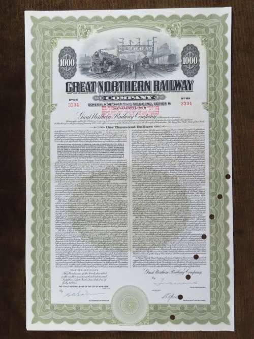 1945 Great Northern Railway Company, $1000 Gold Bond Certificate 3334