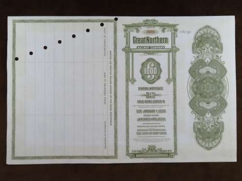 1945 Great Northern Railway Company, $1000 Gold Bond Certificate 3334