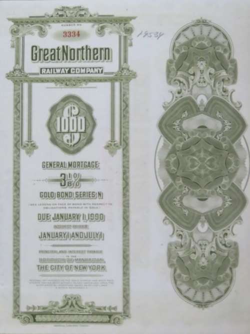 1945 Great Northern Railway Company, $1000 Gold Bond Certificate 3334